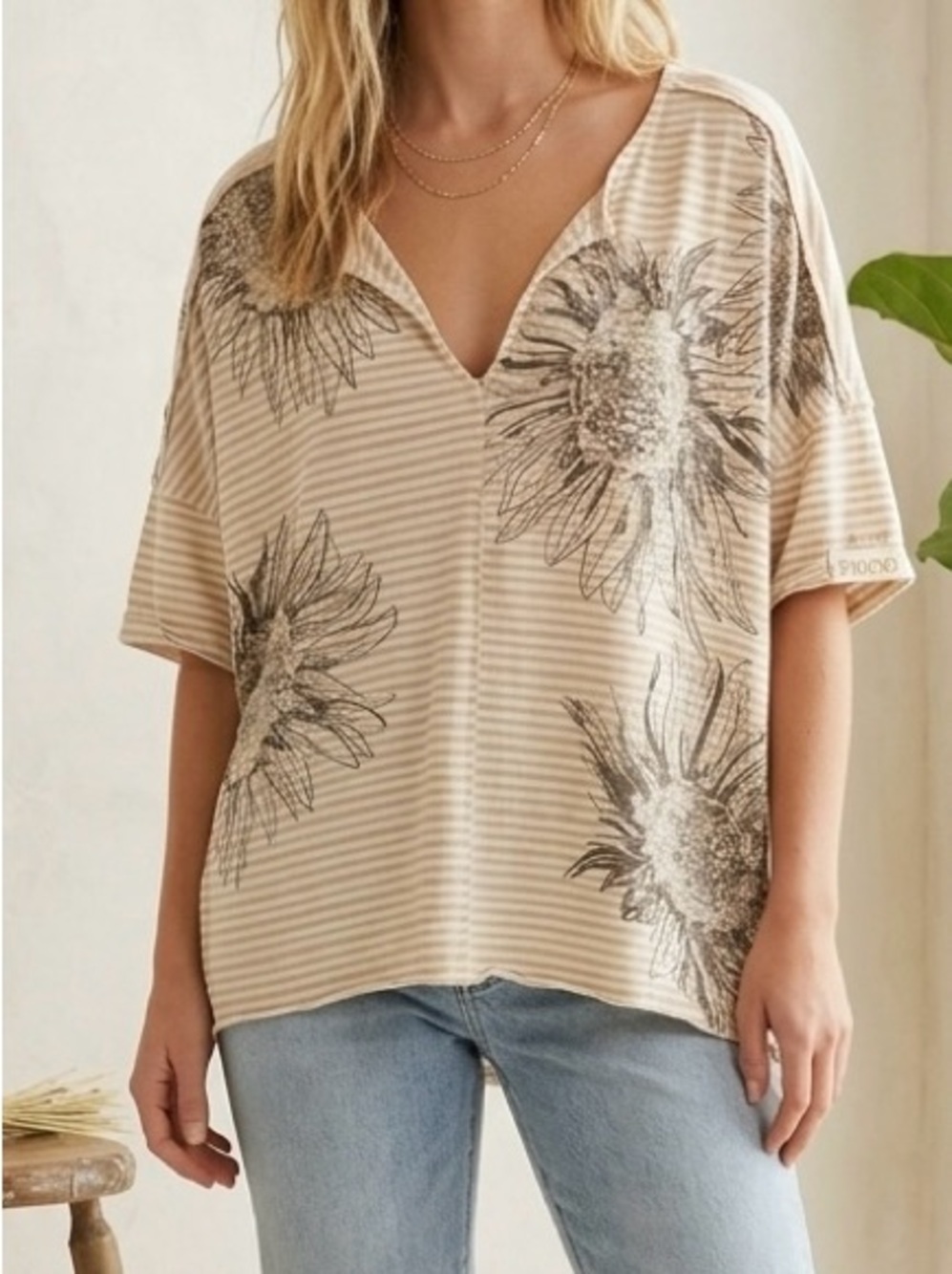 Anthropologie Pilcro Split-Neck Tee Sunflower Stripe Boho Cottagecore Top L